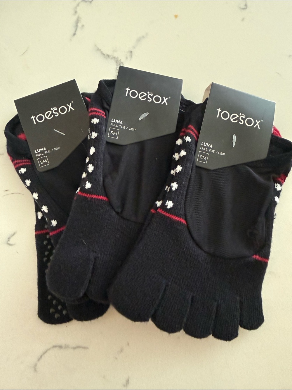 toesox Luna Women's Black Toe Socks with Pink and White Accents -